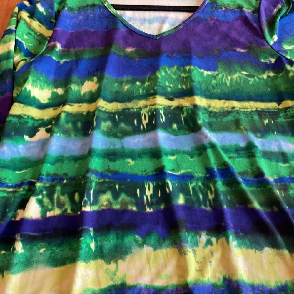 Susan Graver  Striped V-Neck Top in Green, Blue & Purple XL - Picture 3 of 6